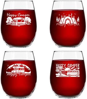 Set of 4 Happy Camper Stemless Wine Glasses (15 oz)