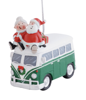Santa and Mrs. Claus Riding on Top of VW Bus Christmas Ornament