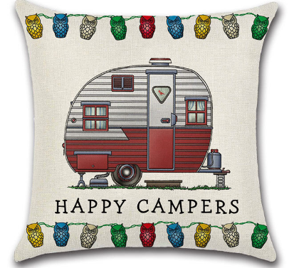 Cushion cover HAPPY CAMPERS, red/white caravan