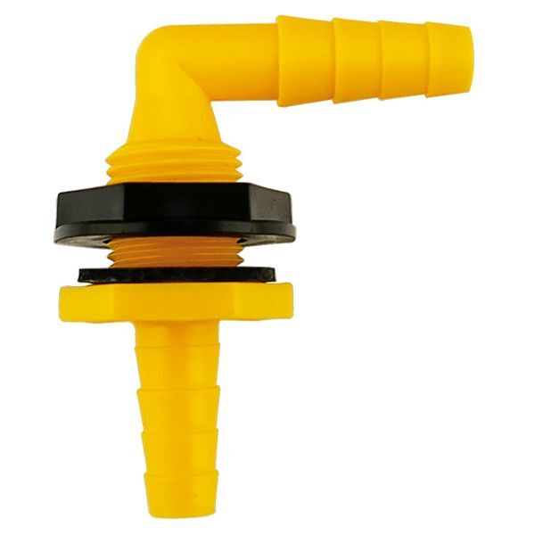 Lilie water tank connection, angled, 10,12 mm barb for soft hose, with seal, yellow